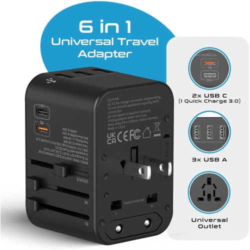 International Travel Plug Adapter - Powerful 33.5W with Pd & QC 3.0 Dual USB-C Power - 3 USB Ports Wall Charger Type I C G A Outlets 110V 220V A/C -