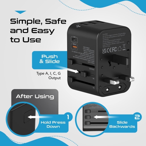 International Travel Plug Adapter - Powerful 33.5W with Pd & QC 3.0 Dual USB-C Power - 3 USB Ports Wall Charger Type I C G A Outlets 110V 220V A/C -