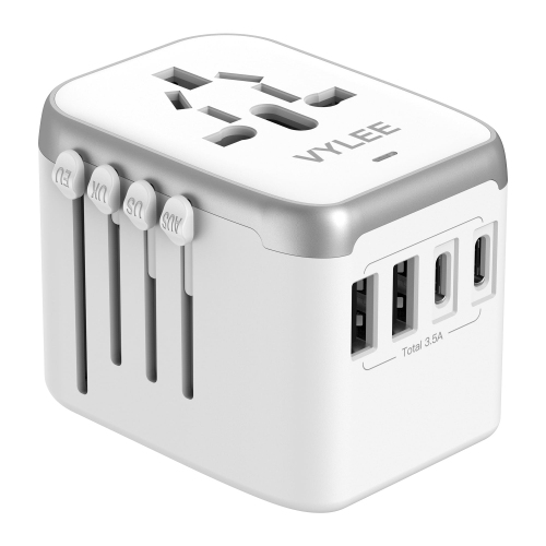 Adaptateur de voyage universel pour alimentation internationale, adaptateur de voyage européen 5-en-1 avec chargeur mural 3,5&nbsp;A 2xUSB-A et 2xUSB