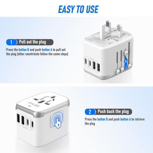 Universal International Power Travel Plug Adapter, 5 in 1 European Travel Adapter W/ 3.5A 2xUSB-A and 2xUSB C Wall Charger and Worldwide AC Outlet