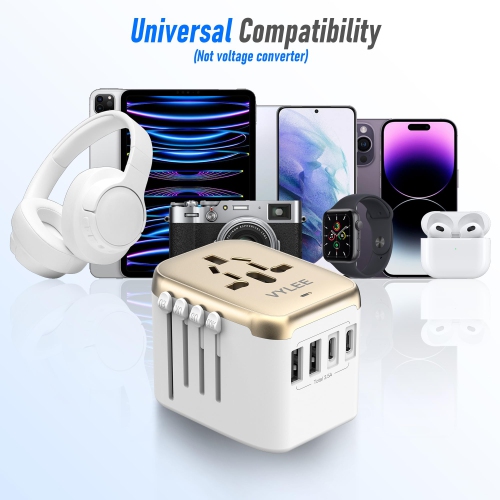 Universal International Power Travel Plug Adapter, 5 in 1 European TravelAdapter W/ 3.5A 2xUSB-A and 2xUSB C Wall Charger and Worldwide AC Outlet for