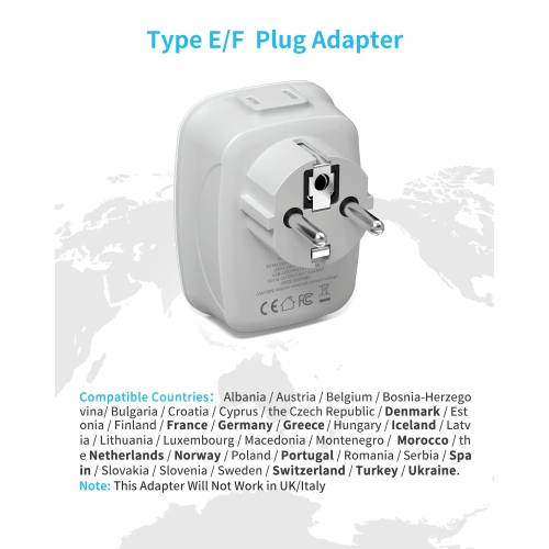 Type E/F Plug Adapter, VINTAR Schuko Germany France Adapter Plug,South Korea Outlet Adapter with 1 USB C,3 USB Ports and US Outlets, US to EU Spain