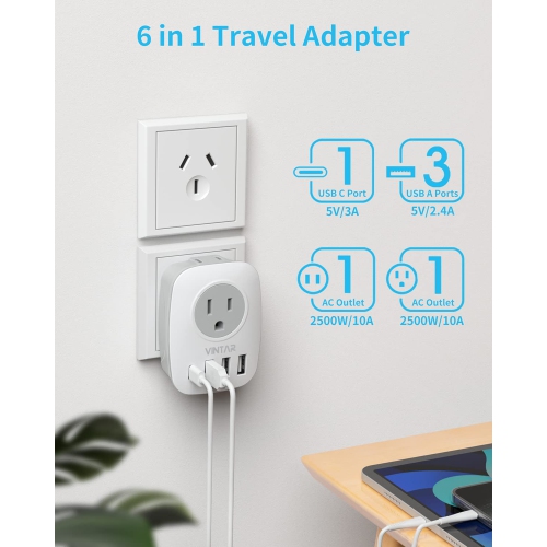 Canada to Australia Plug Adapter,Adapter with 1 USB C, 2 American Outlets and 3 USB Ports, 6 in 1 International Power Adapter for US to Australia,