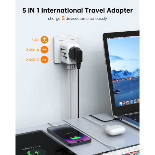 Universal International Power Travel Adapter, 5 in 1 Traval Essentials Power Plug Adapter with 2 USB C and 2 USB A Wall Charger and Worldwide AC