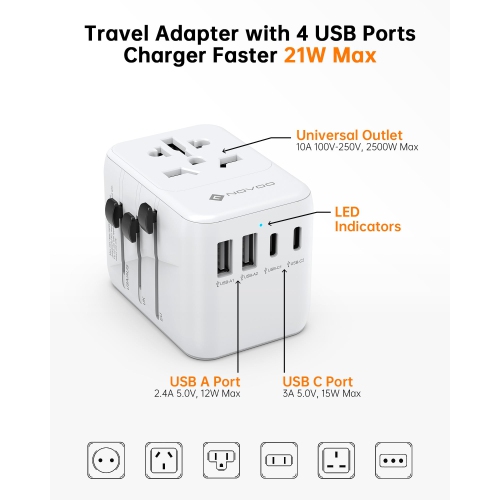 Universal International Power Travel Adapter, 5 in 1 Traval Essentials Power Plug Adapter with 2 USB C and 2 USB A Wall Charger and Worldwide AC