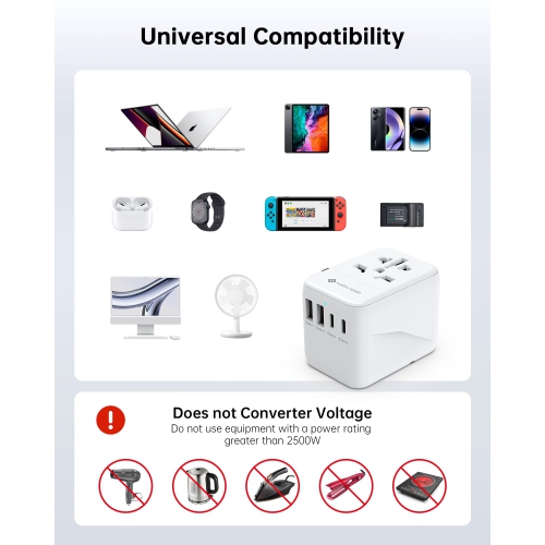 Universal International Power Travel Adapter, 5 in 1 Traval Essentials Power Plug Adapter with 2 USB C and 2 USB A Wall Charger and Worldwide AC
