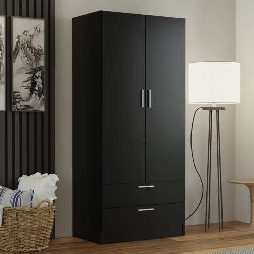 Madesa 2 Door 2 Drawer Spacious Storage Cabinet Wardrobe with Shelf and Hanging Space 31"L Wooden Armoire Closet Modern Organization Unit for Bedroom