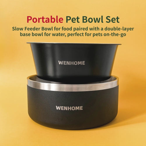 WENHOME Dual Purpose Bowl Set: 64 Oz Insulated Pet Bowl + Heavy Duty Slow Feeder