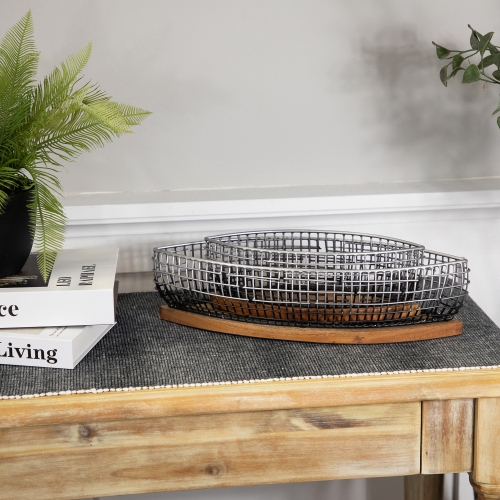 Paniers rectangulaires en fer avec base en bois - 15 po - Argenté et noir - Ensemble de 2
