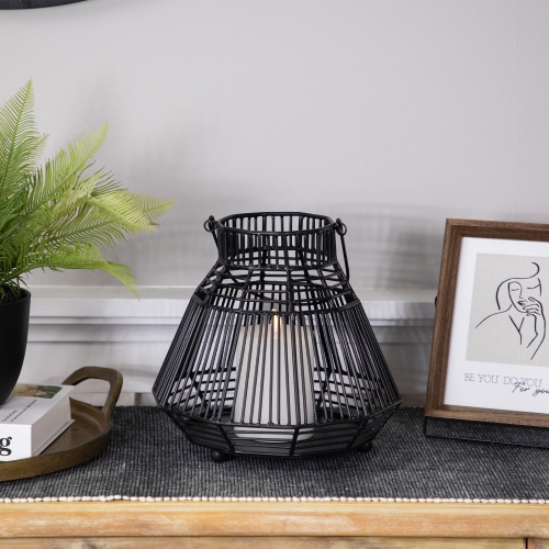 Medium Iron Geometric Hurricane Candle Lantern - 8.25" - Black