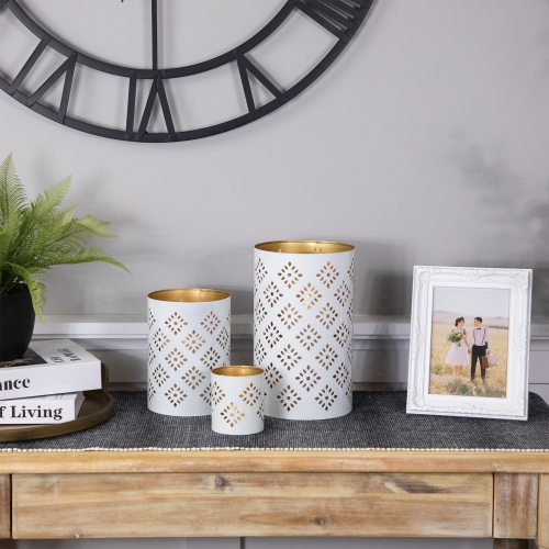 Laser-Cut Diamond Pattern Iron Candle Holders - 10" - White and Gold Finish - Set of 3