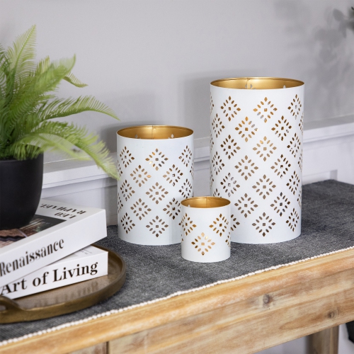 Laser-Cut Diamond Pattern Iron Candle Holders - 10" - White and Gold Finish - Set of 3
