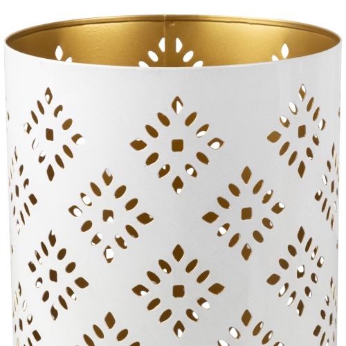 Laser-Cut Diamond Pattern Iron Candle Holders - 10" - White and Gold Finish - Set of 3