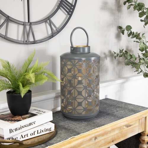 Laser-Cut Large Iron Candle Lantern with Handle - 15.25" - Gray and Gold