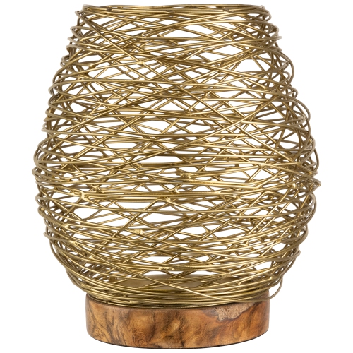 Medium Woven Iron Votive Candle Holder with Wooden Base - 8.5" - Brass Finish