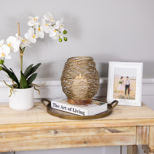 Medium Woven Iron Votive Candle Holder with Wooden Base - 8.5" - Brass Finish