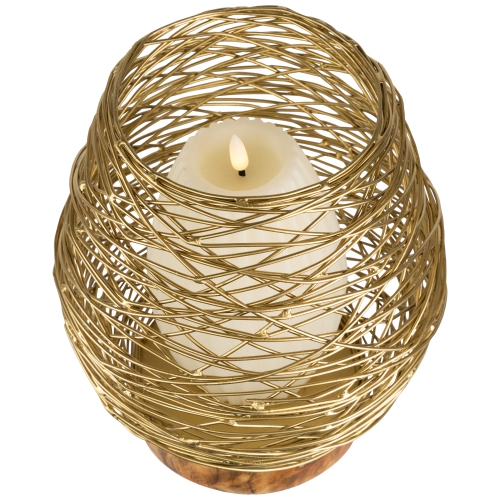 Medium Woven Iron Votive Candle Holder with Wooden Base - 8.5" - Brass Finish