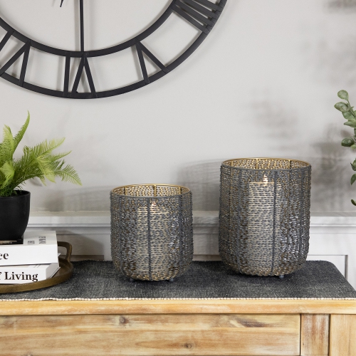 Twisted Iron Pillar Candle Holders - 10.25" - Gray and Gold Finish - Set of 2