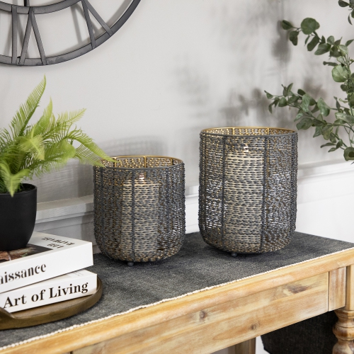 Twisted Iron Pillar Candle Holders - 10.25" - Gray and Gold Finish - Set of 2