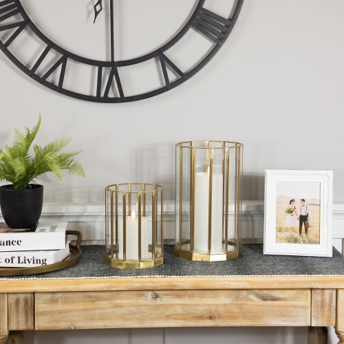 Glass Hurricane Mirrored Pillar Candle Holders - 11.75" - Brass Finish - Set of 2