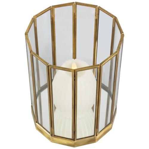 Glass Hurricane Mirrored Pillar Candle Holders - 11.75" - Brass Finish - Set of 2