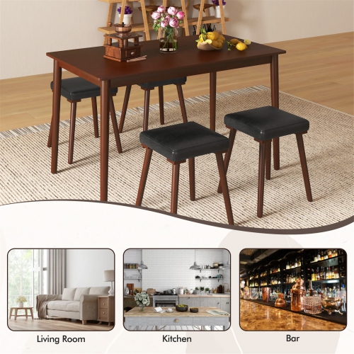 Gymax 5PCS Dining Table Set for 4 w/ 4 Upholstered Stools Rubber Wood Legs for Kitchen
