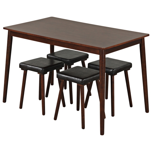 Gymax 5PCS Dining Table Set for 4 w/ 4 Upholstered Stools Rubber Wood Legs for Kitchen