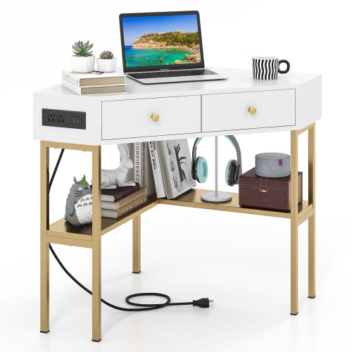 COSTWAY  Corner Desk With Built-In Charging Station Storage Drawers & Open Shelves Office