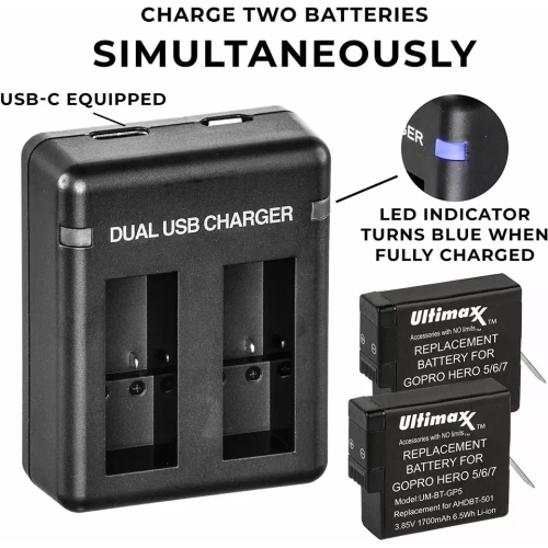 Power Battery and Dual Charger for GoPro HERO8 HERO7 HERO6 HERO5