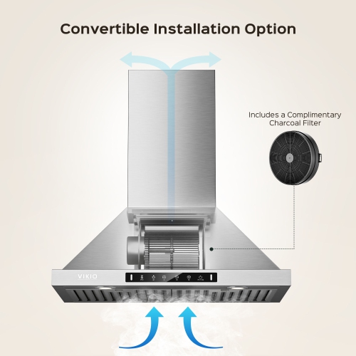 VIKIO 36 inch Ducted 980-CFM Recirculating Stainless steel Wall-Mounted Range Hood with Charcoal Filter