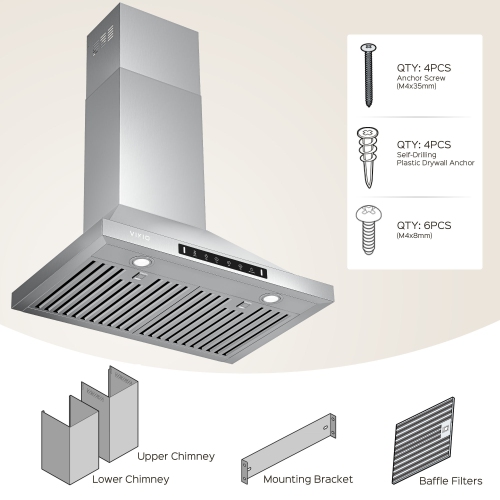 VIKIO 36 inch Ducted 980-CFM Recirculating Stainless steel Wall-Mounted Range Hood with Charcoal Filter