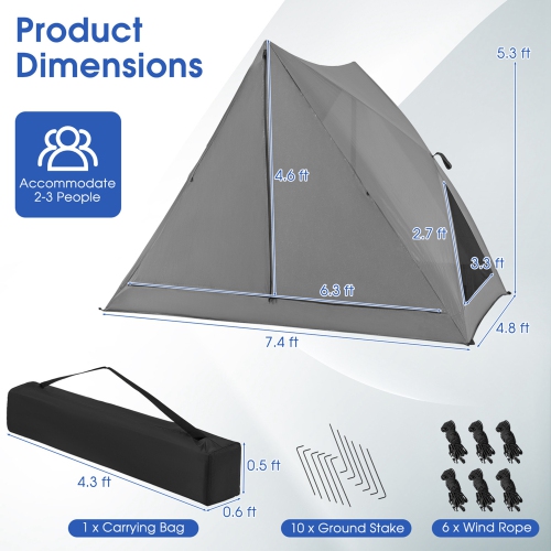 Costway Pop-up Camping Tent for 2-3 People with Carry Bag & Rainfly for Backpacking Hiking