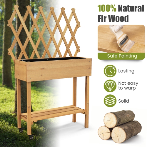 Lit de jardin surélevé en bois de Costway avec roues de rangement en treillis pour tablettes de rangement pour les trous de drainage