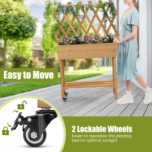 Lit de jardin surélevé en bois de Costway avec roues de rangement en treillis pour tablettes de rangement pour les trous de drainage