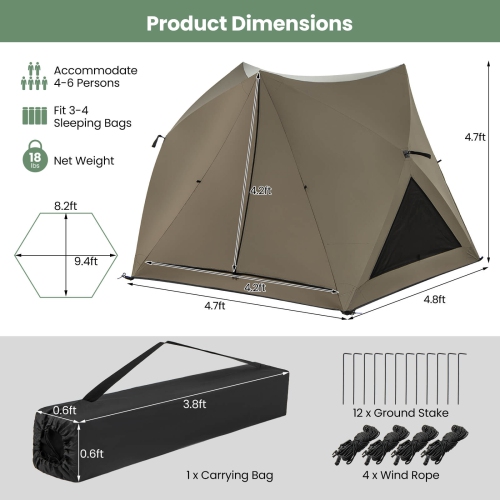 Costway Pop-up Camping Tent for 4/5/6 People with Rainfly Skylight 3 Doors 3 Windows