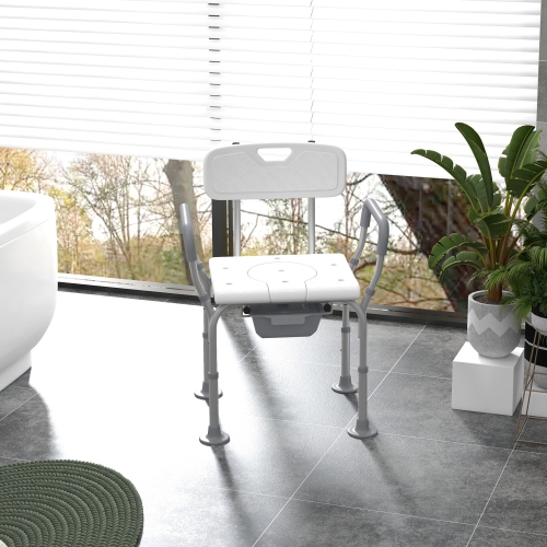 HOMCOM – Chaise de douche 3-en-1 avec dossier et accoudoirs, chaise percée réglable en hauteur, siège de toilette surélevé avec repose-pieds en