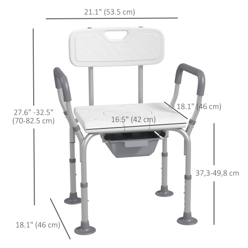HOMCOM – Chaise de douche 3-en-1 avec dossier et accoudoirs, chaise percée réglable en hauteur, siège de toilette surélevé avec repose-pieds en