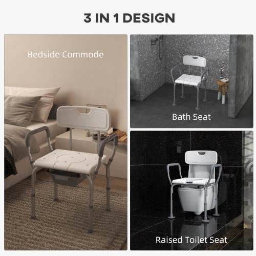 HOMCOM – Chaise de douche 3-en-1 avec dossier et accoudoirs, chaise percée réglable en hauteur, siège de toilette surélevé avec repose-pieds en