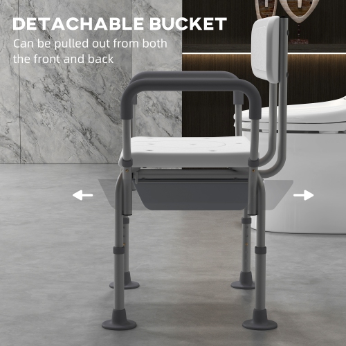 HOMCOM – Chaise de douche 3-en-1 avec dossier et accoudoirs, chaise percée réglable en hauteur, siège de toilette surélevé avec repose-pieds en