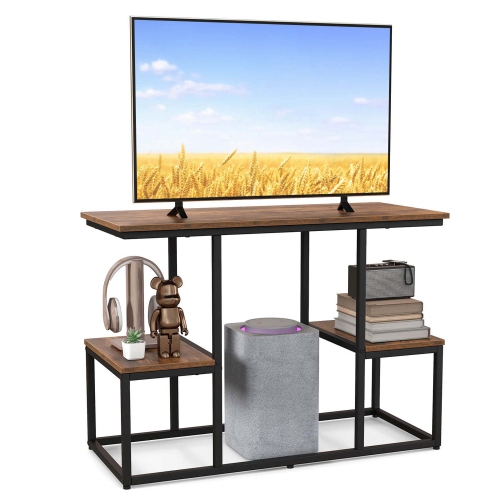 Image 1 of 10.. Costway Rustic TV Console Table for 50" TVs Industrial Sofa Table with Open Storage Shelves Rustic Brown