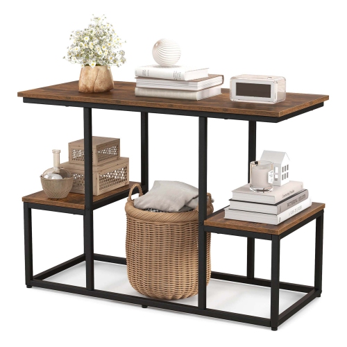 Costway Rustic TV Console Table for 50" TVs Industrial Sofa Table with Open Storage Shelves Rustic Brown