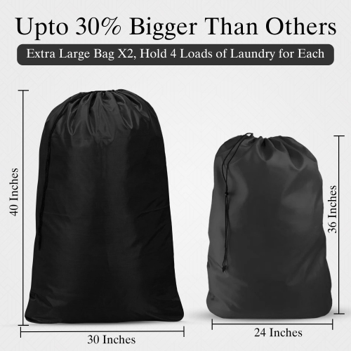 Canadian Linen Nylon Laundry Bags, XL 30"x40", 2 Pack, Drawstring Clothes Organizer Waterproof Fabric Durable Storage Bag Hamper, Grey + Blue