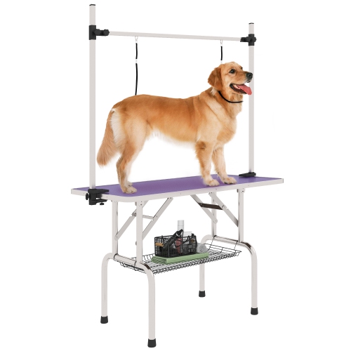 PawHut – Table de toilettage ajustable pour chien, dessus en caoutchouc, 2 paniers de rangement en mailles de sécurité, métal robuste, violet, 42,25