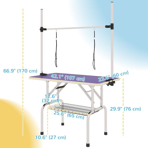 PawHut 43"L Dog Grooming Table, Pet Foldable Grooming Table with 8"- 32" Adjustable Arm, Two Nooses, Mesh Tray and Rubber Top for Large Medium Small