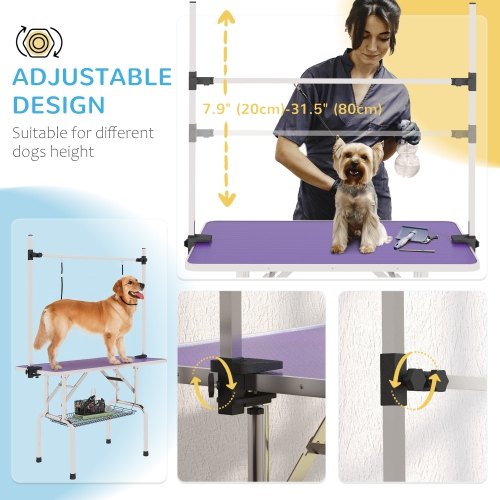 PawHut 43"L Dog Grooming Table, Pet Foldable Grooming Table with 8"- 32" Adjustable Arm, Two Nooses, Mesh Tray and Rubber Top for Large Medium Small
