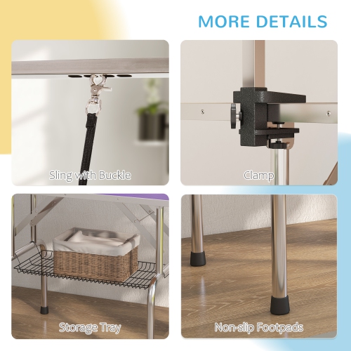 PawHut 43"L Dog Grooming Table, Pet Foldable Grooming Table with 8"- 32" Adjustable Arm, Two Nooses, Mesh Tray and Rubber Top for Large Medium Small