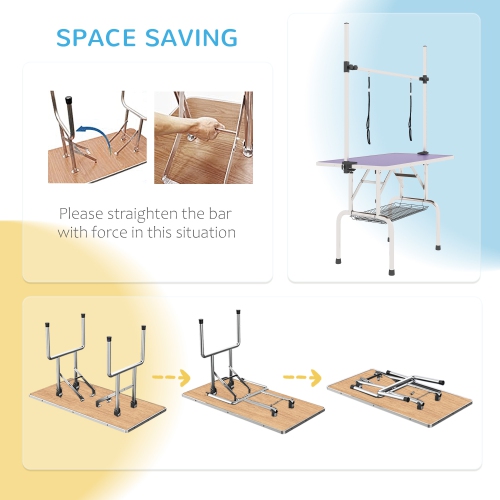 PawHut 43"L Dog Grooming Table, Pet Foldable Grooming Table with 8"- 32" Adjustable Arm, Two Nooses, Mesh Tray and Rubber Top for Large Medium Small