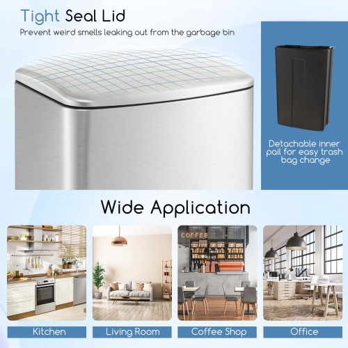 Costway Stainless Steel Trash Can, 13.2 Gal Garbage Can with Lid, Detachable Inner Pail