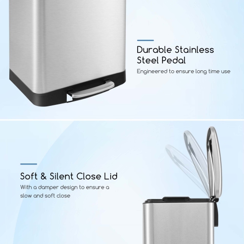 Costway Stainless Steel Trash Can, 13.2 Gal Garbage Can with Lid, Detachable Inner Pail