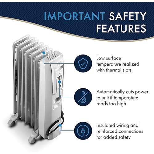 De'Longhi 1500W Oil-Filled Radiator Space Heater Adjustable Thermostat 3 Heat Settings Energy Saving Safety Features - Light Gray